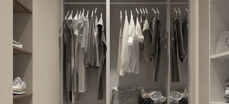 wardrobe with hanging clothes in it