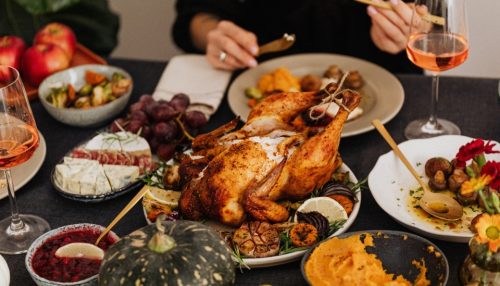 dinner and roasted turkey on the table