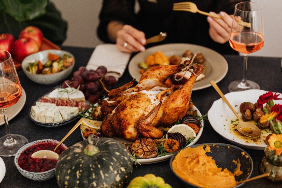 dinner and roasted turkey on the table