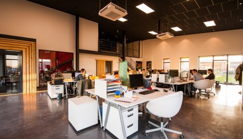 People sitting on chairs beside their desks in an office